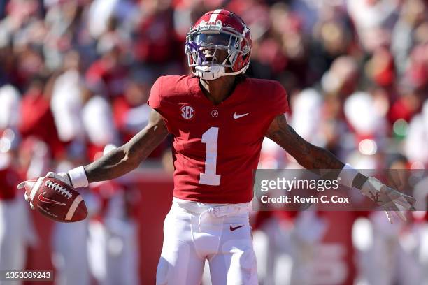 Jameson Williams of the Alabama Crimson Tide reacts after he failed to make a touchdown off of a long reception in the second quarter against the New...