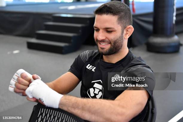 Thiago Moises of Brazil has his hands wrapped prior to his fight during the UFC Fight Night event at UFC APEX on November 13, 2021 in Las Vegas,...