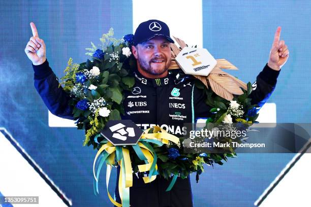 Sprint winner Valtteri Bottas of Finland and Mercedes GP celebrates after the sprint ahead of the F1 Grand Prix of Brazil at Autodromo Jose Carlos...