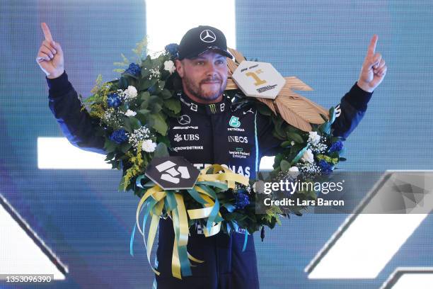 Sprint winner Valtteri Bottas of Finland and Mercedes GP celebrates after the sprint ahead of the F1 Grand Prix of Brazil at Autodromo Jose Carlos...