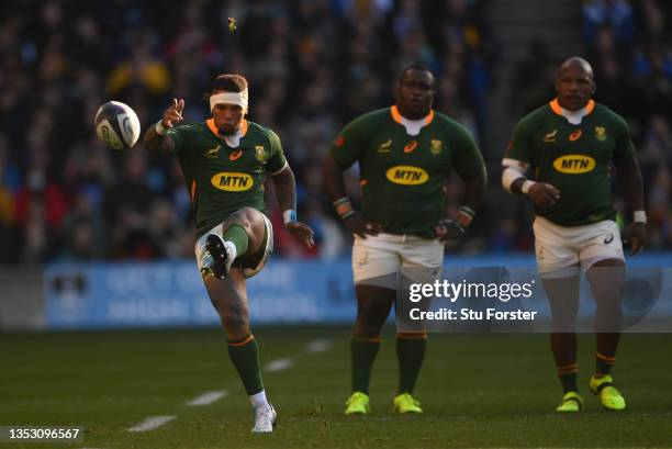 South Africa fly half Elton Jantjies kicks for touch during the Autumn Nations Series match between Scotland and South Africa at Murrayfield Stadium...