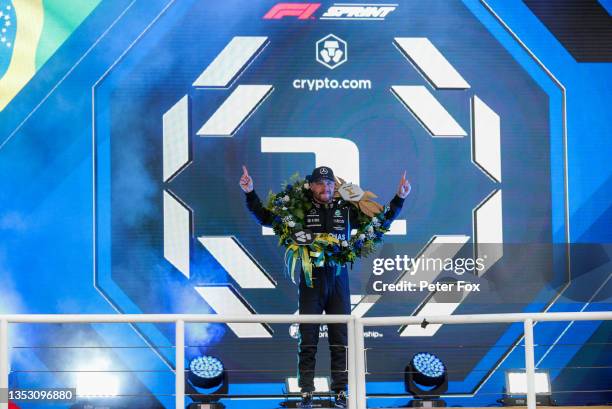 Valterri Bottas of Mercedes and Finland celebrates winning the sprint ahead of the F1 Grand Prix of Brazil at Autodromo Jose Carlos Pace on November...