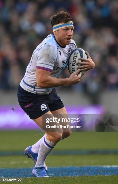 Scotland player Hamish Watson makes a break during the Autumn Nations Series match between Scotland and South Africa at Murrayfield Stadium on...