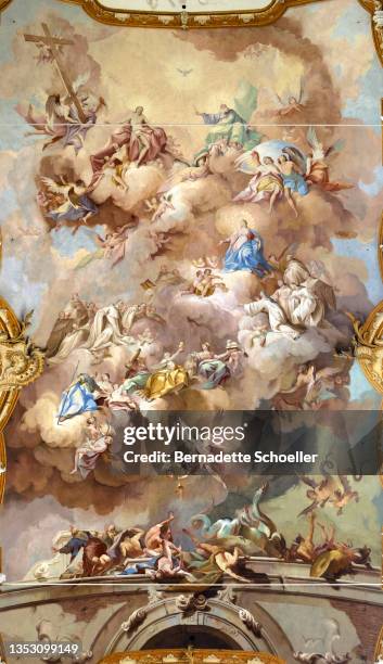 baroque ceiling fresco in fürstenzell (fuerstenzell, furstenzell) monastery church presenting the assumption of mary - angel painting stock pictures, royalty-free photos & images