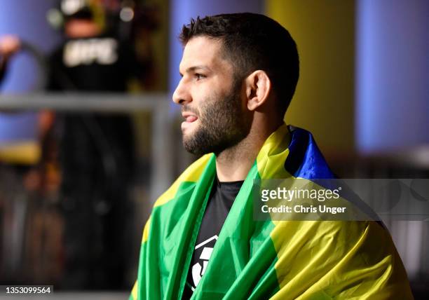 Thiago Moises of Brazil prepares to fight Joel Alvarez of Spain in a lightweight fight during the UFC Fight Night event at UFC APEX on November 13,...