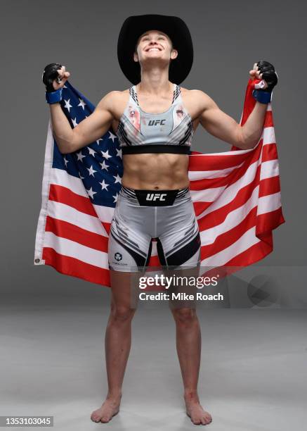 Andrea Lee poses for a portrait after her victory during the UFC Fight Night event at UFC APEX on November 13, 2021 in Las Vegas, Nevada.