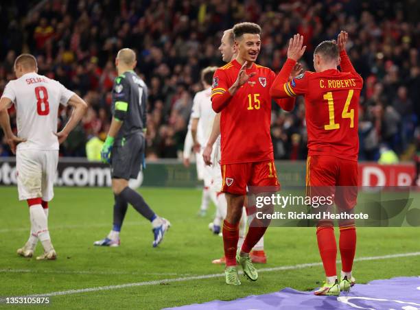 Connor Roberts of Wales celebrates after scoring their side's fifth goal with Ethan Ampadu during the 2022 FIFA World Cup Qualifier match between...