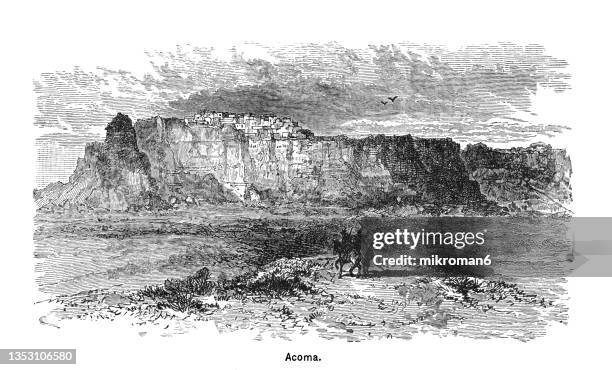 old engraved illustration of acoma pueblo, new mexico – ancient sky city - acima stock pictures, royalty-free photos & images