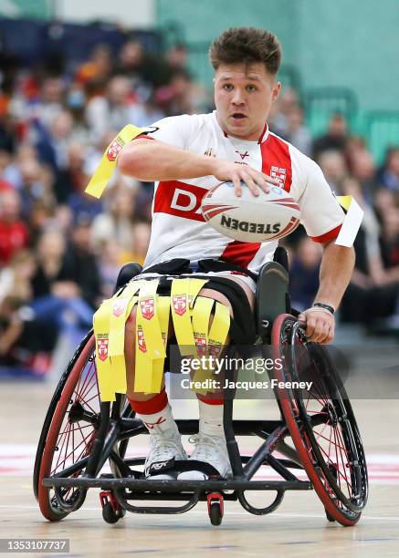 Tom Halliwell of England in action during the International Wheelchair Rugby League Test Series between England and France at Medway Sports Centre on...