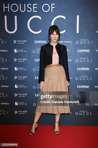 Carlotta Rubaltelli attends the photocall of the Italian premiere of the movie "House Of Gucci" at The Space Cinema Odeon on November 13, 2021 in...