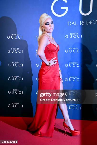 Lady Gaga attends the photocall of the Italian premiere of the movie "House Of Gucci" at The Space Cinema Odeon on November 13, 2021 in Milan, Italy.