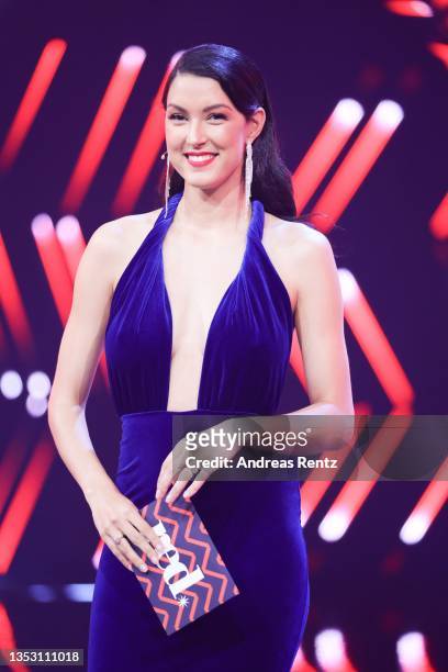 Rebecca Mir seen on stage during the 5th show of the 5th season of "The Masked Singer" at MMC Studios on November 13, 2021 in Cologne, Germany.