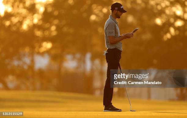 Kevin Tway waits to putt on the 18th green during the third round of the Hewlett Packard Enterprise Houston Open at Memorial Park Golf Course on...
