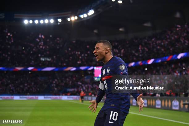 Kylian Mbappe of France reacts after scoring during the 2022 FIFA World Cup Qualifier match between France and Kazakhstan at Stade de France on...