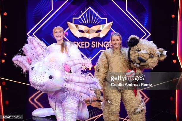 Andrea Sawatzki and Annemarie Carpendale seen on stage during the 5th show of the 5th season of "The Masked Singer" at MMC Studios on November 13,...