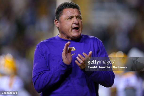Head coach Ed Orgeron of the LSU Tigers reacts before a game against the Arkansas Razorbacks at Tiger Stadium on November 13, 2021 in Baton Rouge,...