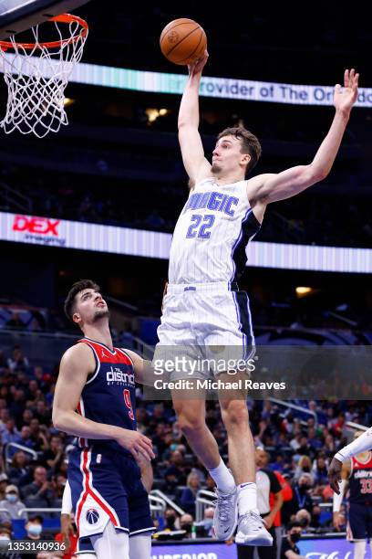 Franz Wagner of the Orlando Magic dunks against the Washington Wizards during the second half at Amway Center on November 13, 2021 in Orlando,...