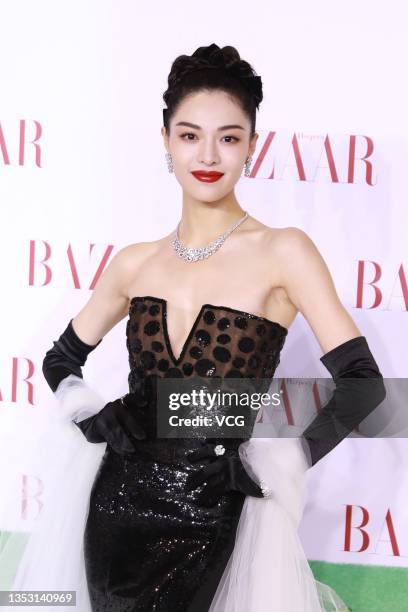 Actress Elane Zhong Chuxi poses at red carpet of 2021 Bazaar Star Charity Night on November 13, 2021 in Shenzhen, Guangdong Province of China.