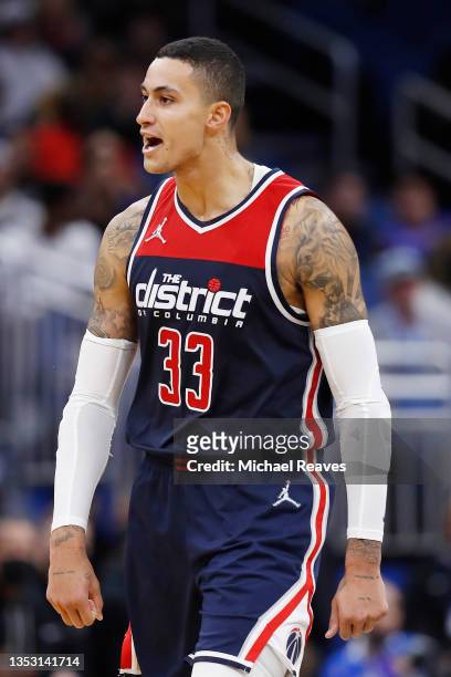 Kyle Kuzma of the Washington Wizards celebrates a three pointer against the Orlando Magic during the second half at Amway Center on November 13, 2021...