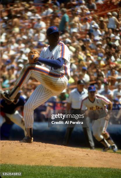 Pitcher Dwight Gooden of the New York Mets is shown in the game between The Chicago Cubs vs The New York Mets at Shea Stadium on June 25, 1987 in...