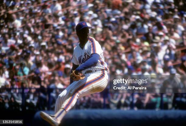Pitcher Dwight Gooden of the New York Mets is shown in the game between The Chicago Cubs vs The New York Mets at Shea Stadium on June 25, 1987 in...