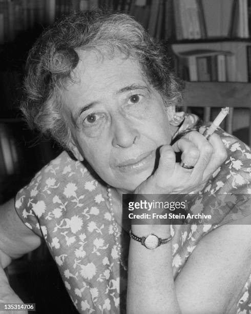 Portrait of German-born American political theorist and author Hannah Arendt with a cigarette in her hand, 1949.