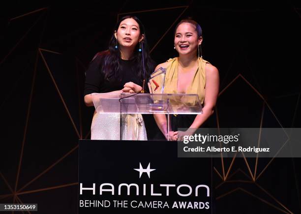 Awkwafina and Kelly Marie Tran present the Animated Film Award onstage at The 11th Annual Hamilton Behind The Camera Awards hosted by Los Angeles...