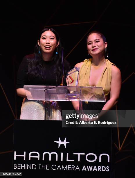 Awkwafina and Kelly Marie Tran present the Animated Film Award onstage at The 11th Annual Hamilton Behind The Camera Awards hosted by Los Angeles...