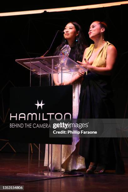 Awkwafina and Kelly Marie Tran present the Animated Film Award onstage at The 11th Annual Hamilton Behind The Camera Awards hosted by Los Angeles...