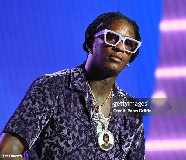 Rapper Young Thug speaks onstage at the 2021 REVOLT Summit at 787 Windsor on November 13, 2021 in Atlanta, Georgia.