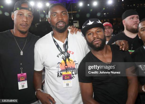 Keith Bogans, Roger Mason and Floyd Mayweather attend 2021 Ballerfest: Music Lives at Bayfront Park on November 13, 2021 in Miami, Florida.