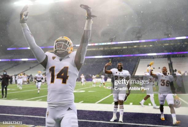 Stanley Lambert of the Arizona State Sun Devils celebrates after defeating the Washington Huskies by a score of 35-30 at Husky Stadium on November...