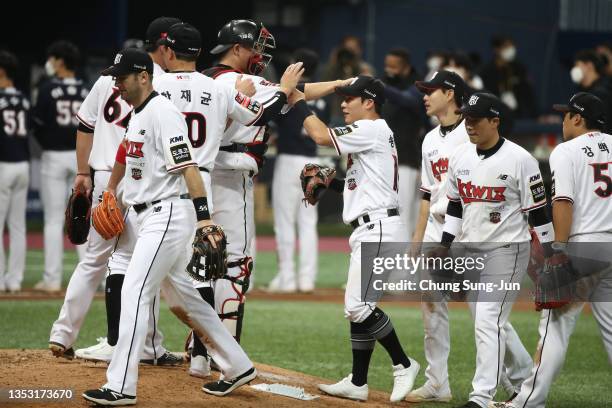 Wiz players reacts after winning the Korean Series Game 1 between Doosan Bears and KT Wiz at Gocheok Skydome on November 14, 2021 in Seoul, South...