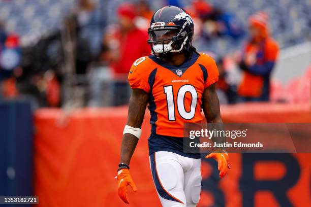 Wide receiver Jerry Jeudy of the Denver Broncos warms up on the field before a game against the Washington Football Team at Empower Field at Mile...