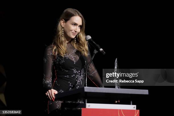 Jamie Clayton presents award at 2021 Outfest Legacy Awards Gala Presented By Cadillac And IMDb at Academy Museum of Motion Pictures on November 13,...