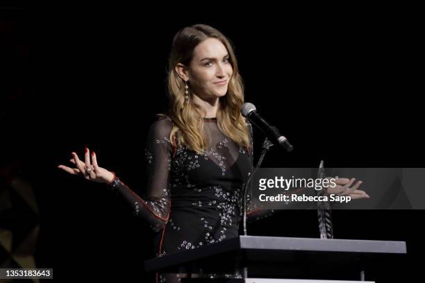 Jamie Clayton presents award at 2021 Outfest Legacy Awards Gala Presented By Cadillac And IMDb at Academy Museum of Motion Pictures on November 13,...