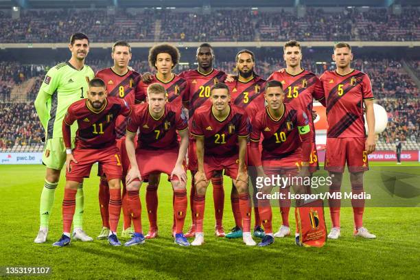 Belgian players pose for a team photo during the FIFA World Cup 2022 Qatar qualifying match between Belgium and Estonia at King Baudouin Stadium on...