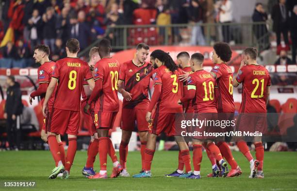 Yannick Carrasco of Belgium celebrates after scoring the 2-0 goal during the FIFA World Cup 2022 Qatar qualifying match between Belgium and Estonia...