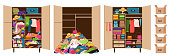 A pile of clothes, a closet littered with clothes and a wardrobe with things neatly laid out on the shelves. Boxes with inscriptions - donate, sell, keep, trash, recycle. Color vector illustration