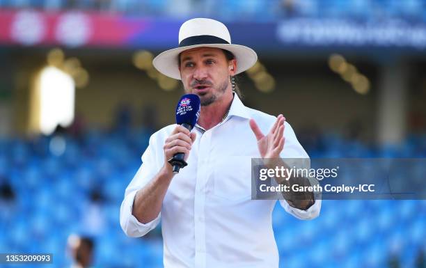 Commentator Dale Steyn Watches on ahead of the ICC Men's T20 World Cup final match between New Zealand and Australia at Dubai International Stadium...