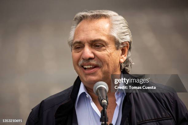 President of Argentina Alberto Fernandez speakss to members of the media after casting his vote at UCA University polling station during the...