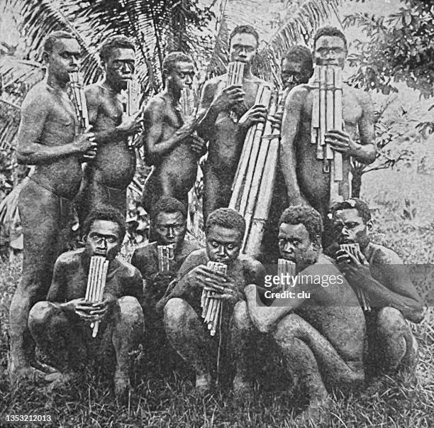 stockillustraties, clipart, cartoons en iconen met flute player group in buka, island in papua new guinea - bougainville