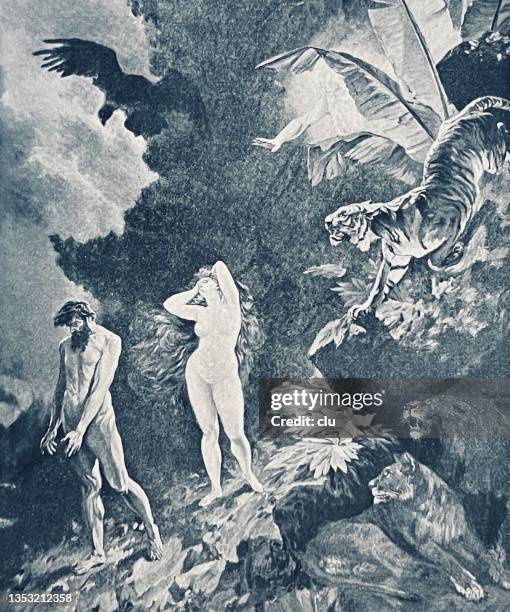 the lost paradise - adam biblical figure stock illustrations