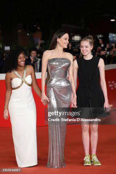Zahara Marley Jolie-Pitt, Angelina Jolie and Shiloh Jolie-Pitt walk the red carpet of the movie "Eternals" during the 16th Rome Film Fest 2021 on...