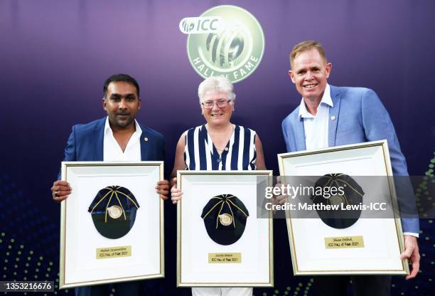 Mahela Jayawardene, Janette Brittin and Shaun Pollock pose for a photograph after being awarded with a ICC hall of fame cap from Clive Lloyd during...