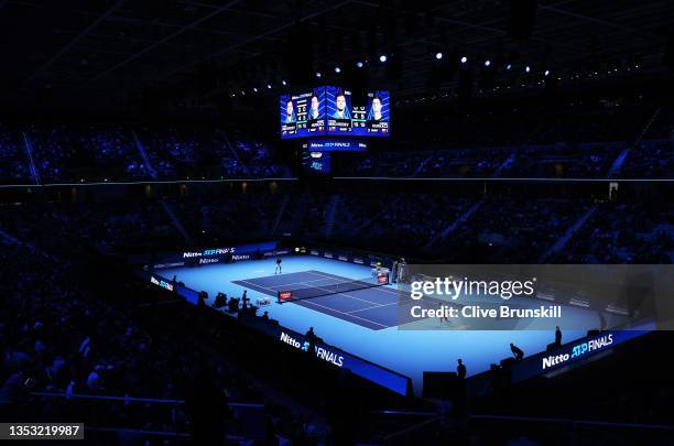 General view of Hubert Hurkacz of Poland playing against Daniil Medvedev of Russia on day one of the Nitto ATP Tour Finals at Pala Alpitour on...