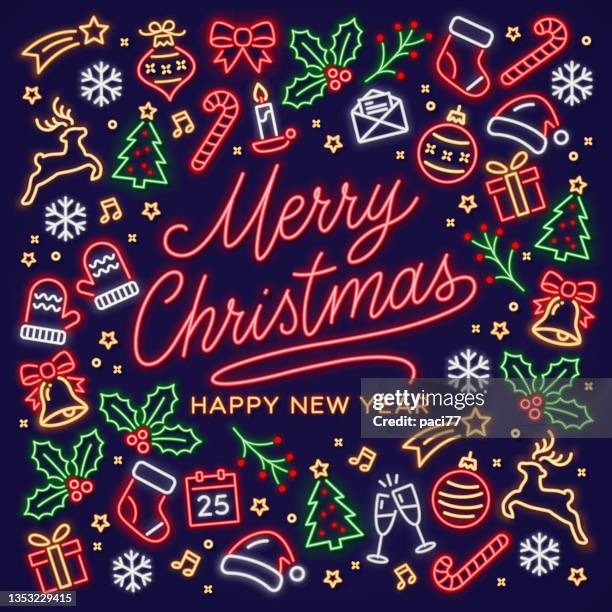 illustrazioni stock, clip art, cartoni animati e icone di tendenza di insegna al neon di natale con testo al neon buon natale e icona di natale al neon. - christmas present