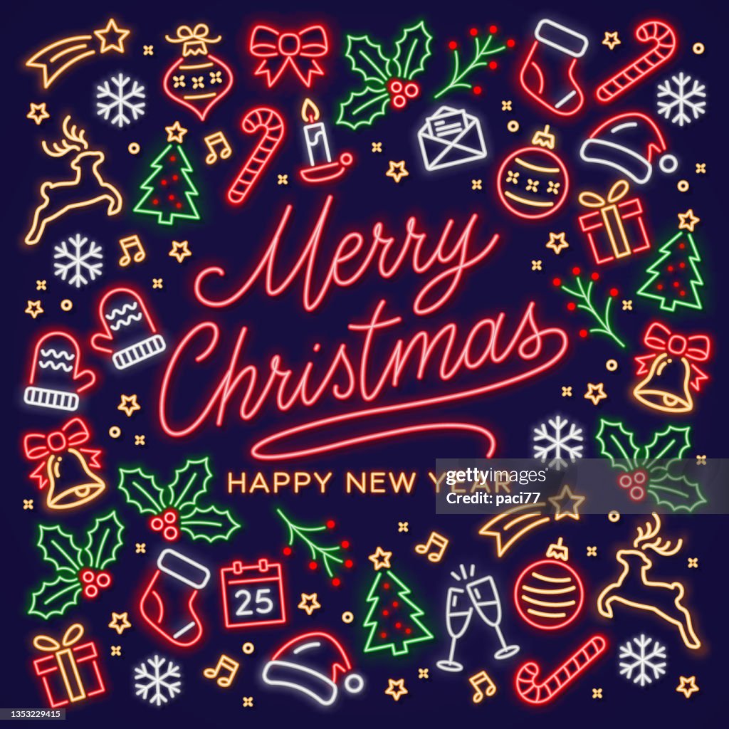 Christmas neon sign with neon text Merry Christmas and neon Christmas icon.