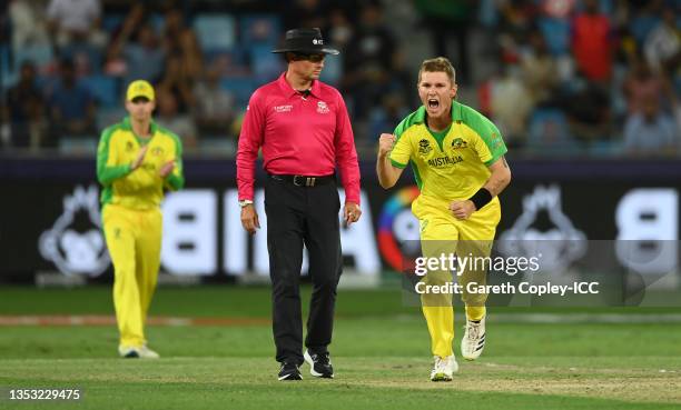 Adam Zampa of Australia celebrates the wicket of Martin Guptill of New Zealand during the ICC Men's T20 World Cup final match between New Zealand and...