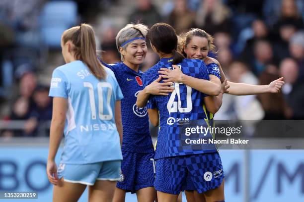 Jessie Fleming of Chelsea celebrates after scoring their team's first goal during the Barclays FA Women's Super League match between Manchester City...